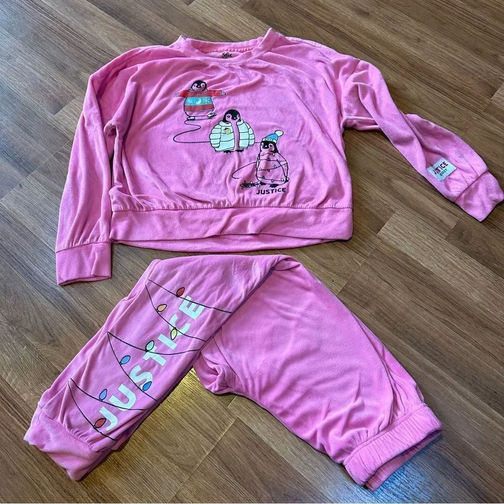 Justice Sleep Girls Fleece Pajamas Penguines Pink  - Girls Size Large 12-14